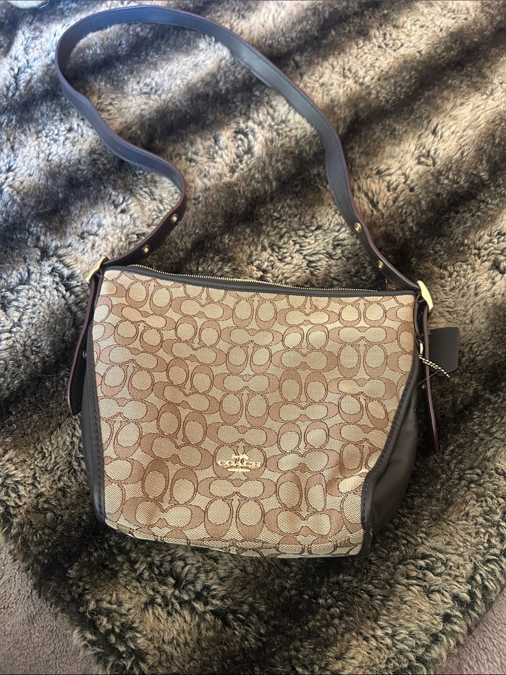 Coach Khaki Signature Canvas Shoulder Bag with Chestnut Trim